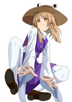 1girl blonde_hair brown_shoes closed_mouth commentary_request from_below full_body highres medium_hair moriya_suwako purple_skirt purple_vest pyonta shirt shoes sidelocks skirt smile solo squatting thighhighs touhou turtleneck turtleneck_shirt veow vest white_shirt white_thighhighs