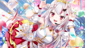 1girl absurdres back_bow balloon bow bowtie breasts center-flap_bangs cleavage commentary_request concert confetti copyright_name corset detached_collar detached_sleeves double_bun dress fang frilled_dress frills gold_tiara gradient_hair grey_hair hair_between_horns hair_bun hair_ornament hands_up headset highres hololive hololive_dreams horns horns_pose large_bow layered_dress long_hair medium_breasts multicolored_hair nakiri_ayame official_art oni pink_bow pink_bowtie puffy_detached_sleeves puffy_short_sleeves puffy_sleeves red_bow red_eyes red_hair short_sleeves skin-covered_horns sleeveless sleeveless_dress solo standing star_(symbol) star_hair_ornament streaked_hair two_side_up virtual_youtuber waist_bow white_dress wrist_cuffs