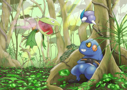 absurdres against_tree black_eyes carnivine colored_sclera croagunk crossed_arms day gen_4_pokemon highres nintendo no_humans open_mouth outdoors plant pokemon pokemon_(creature) powder q-chan skorupi sunlight tree yellow_sclera