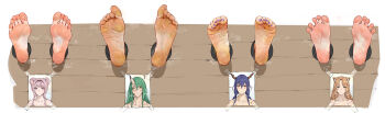 4girls animal_ears arknights barefoot blue_hair brown_hair ch&#039;en_(arknights) commentary_request foot_focus green_hair horns hoshiguma_(arknights) laserflip lin_(arknights) long_hair multiple_girls nail_polish photo_(object) pink_hair purple_nails simple_background single_horn soles swire_(arknights) toenails toes white_background