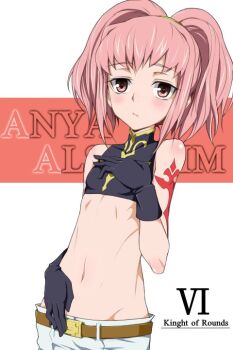 1girl anya_alstreim belt blush breasts code_geass commentary_request gloves kukurus long_hair looking_at_viewer midriff navel pink_eyes pink_hair red_eyes short_hair small_breasts solo