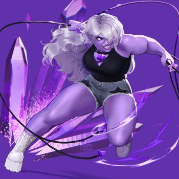 Rule 34 | 1girl, amethyst (steven universe), black shirt, boots, breasts, chest jewel, cleavage, colored skin, commentary, crystal, cutoffs, english commentary, full body, gem, grin, hair over one eye, highres, holding, holding weapon, holding whip, large breasts, long hair, looking to the side, pepedraws, plump, purple background, purple eyes, purple gemstone, purple skin, purple theme, shirt, smile, solo, steven universe, thick lips, thick thighs, thighs, torn clothes, torn shirt, weapon, white boots, white hair