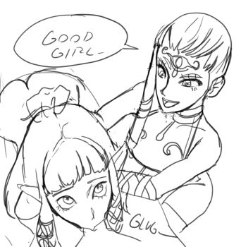 2girls ass assisted_fellatio butt_crack facial_tattoo fellatio impa irrumatio looking_at_viewer multiple_girls nintendo nude oral penis pointy_ears princess_zelda sheikah simple_background sketch speech_bubble straight_bangs sunbeam_(artist) tattoo the_legend_of_zelda the_legend_of_zelda:_skyward_sword