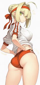 1girl absurdres ahoge ass back_peek blonde_hair braid braided_base breasts bun_with_braided_base buruma commentary fate/extra fate/grand_order fate_(series) from_behind green_eyes gym_shirt gym_uniform hair_between_eyes hair_bun hair_intakes headband highres kamisato_sora large_breasts long_hair looking_at_viewer looking_back nero_claudius_(fate) nero_claudius_(olympian_bloomers)_(fate) official_alternate_costume open_mouth red_buruma red_headband shirt short_sleeves simple_background single_hair_bun solo untranslatable_commentary white_background white_shirt
