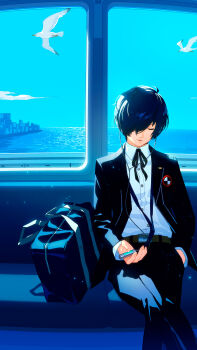 1boy absurdres bag bird black_jacket black_pants black_ribbon blue_hair blue_sky blue_theme city cityscape closed_eyes closed_mouth cloud collared_shirt crossed_legs dress_shirt duffel_bag gekkoukan_high_school_uniform hair_over_one_eye hand_grip hand_in_pocket headphones highres holding jacket listening_to_music logo long_sleeves male_focus mp3_player neck_ribbon official_art pants persona persona_3 persona_3_reload ribbon school_uniform second-party_source shimada_azusa shirt short_hair sitting sky skyline solo train_interior white_shirt yuuki_makoto_(persona_3)