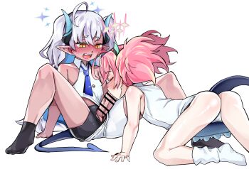 1futa 1girl ass bike_shorts blue_archive blush crying crying_with_eyes_open dark-skinned_female dark_skin demon_girl demon_horns demon_tail fellatio futanari horns loli m_legs michomicho momoka_(blue_archive) no_testicles on_floor oral panties penis pink_hair pointy_ears spread_legs sumomo_(blue_archive) tail tears torn_clothes underwear