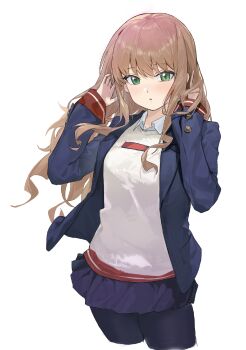 1girl black_pantyhose blue_jacket brown_hair chinese_commentary collared_shirt commentary_request cropped_legs evilegggg green_eyes gridman_universe hands_in_own_hair highres jacket light_blush long_hair long_sleeves minami_yume miniskirt open_clothes open_jacket pantyhose parted_lips school_uniform shirt simple_background skirt solo ssss.dynazenon white_background