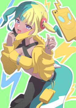 1girl aqua_hair arched_back ass bandeau bent_over black_mask blonde_hair blush breasts canari_(pokemon) cleavage criss-cross_straps dark-skinned_female dark_skin highres jacket konoe_mizusawa long_sleeves mask mask_pull medium_breasts mega_stone mouth_mask multicolored_hair nintendo pants pokemon pokemon_legends:_z-a short_twintails split-color_hair tongue tongue_out twintails two-tone_mask two-tone_pants yellow_bandeau yellow_jacket yellow_mask