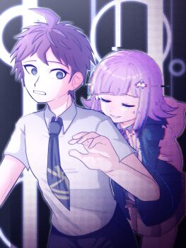 Rule 34 | 1boy, 1girl, ahoge, backpack, bag, black background, brown hair, brown skirt, closed eyes, danganronpa (series), danganronpa 2: goodbye despair, dn rn mtr, facing another, glitch, green necktie, hair ornament, highres, hinata hajime, medium hair, nanami chiaki, necktie, pants, pink bag, pleated skirt, shirt, short hair, short sleeves, skirt, smile, teeth, white background, white shirt