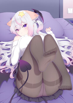 1girl absurdres animal_ear_fluff animal_ears annytf bare_shoulders black_pantyhose black_skirt breasts cellphone closed_mouth commentary demon_tail demon_wings fox_ears full_body gradient_hair grey_hair hair_ornament hands_up head_tilt head_wings heterochromia highres indie_virtual_youtuber indoors large_breasts legs_together legs_up light_blush light_switch long_hair long_sleeves looking_at_viewer lying multicolored_hair off-shoulder_sweater off_shoulder on_back one_side_up panties pantyhose phone pillow pink_eyes pink_hair pink_panties pink_streaks pleated_skirt purple_eyes sandasutomu skirt sleeves_past_wrists smartphone solo star_(symbol) star_hair_ornament streaked_hair sweater tail underwear untranslatable_commentary virtual_youtuber white_sweater wings