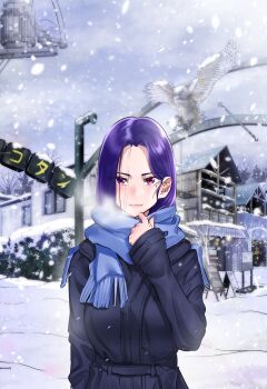 1girl akino_sayuri blue_coat blue_scarf breath closed_mouth cloud cloudy_sky coat commentary_request dosanko_gal_wa_namaramenkoi hair_behind_ear hand_up highres house ikada_kai long_hair long_sleeves looking_at_viewer mole mole_under_eye official_art outdoors parted_bangs purple_eyes purple_hair road scarf shopping_district sign sky snow snowing solo straight_hair street upper_body winter winter_clothes winter_coat