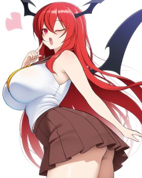 1girl ;d arm_at_side bare_arms bare_shoulders bat_wings blush breasts brown_skirt commentary_request cowboy_shot demon_girl demon_wings floating_hair hair_between_eyes hand_up head_wings heart highres huge_breasts index_finger_raised koakuma kuresento legs_together long_hair looking_at_viewer miniskirt necktie no_panties one_eye_closed open_mouth pleated_skirt pointing pointing_at_self red_eyes red_hair shirt sidelocks simple_background skirt sleeveless sleeveless_shirt smile solo standing thighs touhou very_long_hair white_background white_shirt wings yellow_necktie