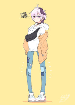 1girl absurdres animal_print cat_print commentary denim earrings fanny_pack flower_(vocaloid) flower_(vocaloid4) frown full_body highres hood hoodie jacket jeans jewelry kinosuke_(pattaba) long_sleeves multicolored_hair notice_lines off_shoulder open_clothes open_jacket orange_jacket pants patchwork_clothes pigeon-toed purple_eyes purple_hair shoes short_hair signature simple_background sleeves_past_wrists sneakers solo squiggle standing streaked_hair vocaloid white_hoodie white_shoes yellow_background