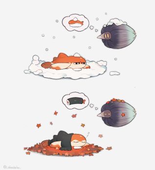 akadako autumn_leaves black_eyes closed_eyes commentary_request food full_body glimmora leaf makizushi narrowed_eyes nintendo no_humans pokemon pokemon_(creature) simple_background sleeping snow speech_bubble sushi tatsugiri thought_bubble yellow_eyes zzz