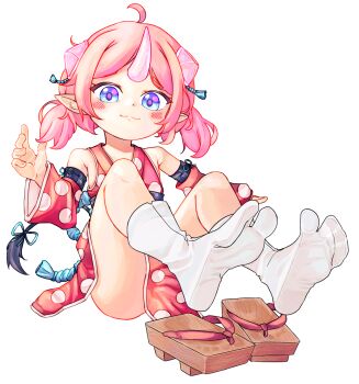 1girl blue_eyes chaosexceed commentary detached_sleeves feet geta highres horns japanese_clothes original paid_reward_available pink_hair pointy_ears sandals socks soles solo tabi toes white_background white_socks