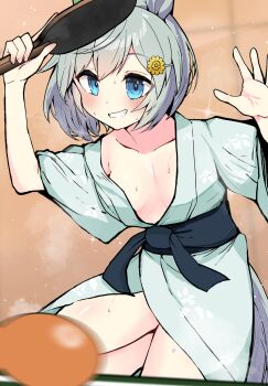 1girl akizuki_shigure animal_ears blue_eyes breasts cleavage commentary_request grey_hair hair_ornament hairclip highres holding_table_tennis_paddle horse_ears horse_girl japanese_clothes kimono open_mouth paddle seiun_sky_(umamusume) short_hair small_breasts smile solo table_tennis_paddle umamusume