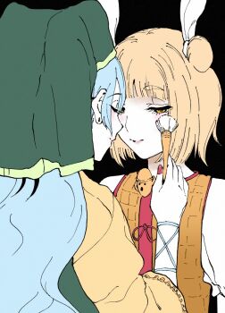Rule 34 | 2girls, apron, asuzemu, black background, blonde hair, blue hair, blunt bangs, closed eyes, closed mouth, double bun, ear piercing, expressionless, green apron, hair bun, half-closed eyes, haniyasushin keiki, hashtag-only commentary, headscarf, holding, holding brush, joutouguu mayumi, long hair, medium hair, multiple girls, nail polish, piercing, red nails, shirt, short sleeves, touhou, upper body, vest, white shirt, yellow eyes, yellow shirt, yellow vest