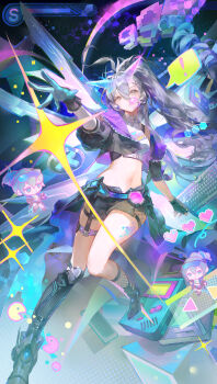 ! 3girls absurdres bare_shoulders black_gloves black_shorts chewing_gum chibi chinese_commentary collar commentary_request computer_keyboard crop_top cropped_jacket drill_hair drill_ponytail emoji eyewear_on_head fingerless_gloves fishnet_socks fishnets full_body game_boy gloves grey_eyes grey_hair hair_between_eyes handheld_game_console heart highres honkai:_star_rail honkai_(series) jacket long_hair looking_at_viewer mechanical_legs multiple_girls navel open_clothes open_jacket outstretched_arm ponytail purple_collar shorts silver_wolf_(honkai:_star_rail) silver_wolf_(lv.999)_(honkai:_star_rail) single_fingerless_glove single_mechanical_glove single_mechanical_leg socks sparkle spoken_heart spread_fingers thigh_strap very_long_hair yuanyi163