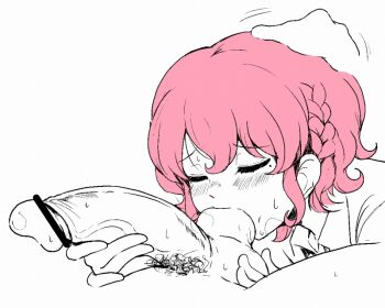 1boy 1girl bar_censor blush braid caressing_testicles censored closed_eyes disembodied_hand fellatio hand_on_another's_head hetero male_focus male_pubic_hair mole mole_under_eye monochrome motsuaki multiple_monochrome oral penis pink_hair pointless_censoring pretty_series pripara pubic_hair reona_west simple_background solo_focus spot_color sweatdrop testicles trap veins veiny_penis white_background white_theme