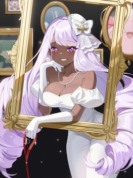 1girl absurdres blush bow breasts cleavage clefable coletta_(colet_colettia) collarbone commentary_request dark-skinned_female dark_skin detached_sleeves dress fascinator gen_1_pokemon gen_6_pokemon gloves grin hair_bow highres jacinthe_(pokemon) jewelry large_breasts long_hair mirror necklace nintendo pearl_necklace picture_frame pokemon pokemon_legends:_z-a puffy_sleeves purple_eyes purple_hair short_sleeves smile sparkle teeth very_dark_skin vivillon vivillon_(meadow) white_bow white_dress white_gloves