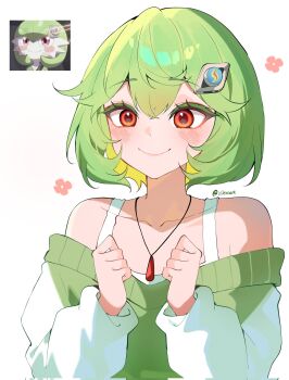 1girl anime_screenshot_inset artist_name blush bob_cut gardevoir gen_3_pokemon green_hair hair_ornament hairpin highres humanization jewelry mega_stone necklace nintendo pink_eyes pokemon pokemon_(anime) pokemon_(creature) poketoon simple_background weiic white_background