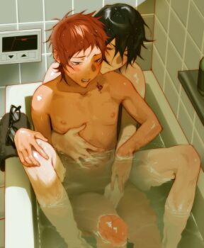 2boys absurdres bathtub black-framed_eyewear black_hair collarbone cuntboy embarrassed from_above front-to-back fushimi_saruhiko glasses hand_on_another&#039;s_crotch highres in_bathtub k-project knees_up male_focus mastectomy_scar multiple_boys nipples partially_submerged scar scar_on_chest shared_bathing short_hair sitting skinny treslech3s unworn_eyewear water wet yata_misaki