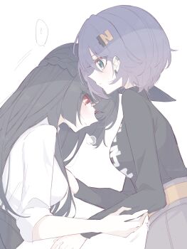 2girls absurdres animal_ears belle_(zenless_zone_zero) black_hair blue_hair blush braid collared_shirt commentary_request earrings fox_ears fox_girl green_eyes hair_ornament half_up_braid heavy_breathing highres hoshimi_miyabi jewelry letter_hair_ornament long_hair multiple_girls red_eyes shirt sleeves_rolled_up translated white_shirt yuri zenless_zone_zero zzzii0