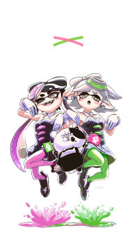 2girls absurdres black_dress black_hair callie_(splatoon) dress flag floating full_body gloves green_pantyhose grey_hair highres holding holding_flag ink judd_(splatoon) marie_(splatoon) mitsumayo multiple_girls nintendo one_eye_closed open_mouth orange_eyes pantyhose pink_pantyhose pointy_ears splatoon_(series) splatoon_1 tentacle_hair white_gloves