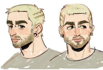 1boy beard blonde_hair bridge_piercing brown_eyes buzz_cut closed_mouth colin_jones_(skcd_loen) commentary cropped_shoulders english_commentary face_piercing facial_hair grey_shirt looking_at_viewer looking_to_the_side male_focus multiple_views original piercing plug_(piercing) shirt short_hair sideburns_stubble simple_background skcd_loen sketch stubble thick_eyebrows very_short_hair white_background