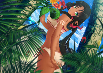 1girl arm_at_side ass back bandeau beach bikini bindi black_hair blue_sky blurry blush braid breasts cliff cloud cowboy_shot dark-skinned_female dark_elf dark_skin day depth_of_field dutch_angle elf eyebrows facial_mark female_focus flower forehead_mark green_eyes hair_between_eyes hair_intakes hair_ribbon holding holding_flower large_breasts long_hair looking_at_viewer looking_back mame_shitogi ocean open_mouth original outdoors palm_tree parted_lips pointy_ears red_ribbon ribbon sand side-tie_bikini_bottom sky solo strapless swimsuit tattoo tree tropical twin_braids underboob very_long_hair white_bikini