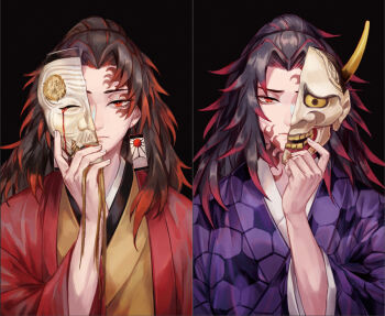 2boys between_fingers black_background black_hair blood bloody_tears broken_mask brothers colored_tips earrings facial_mark fake_beard fake_facial_hair frown hand_up hannya haori holding japanese_clothes jewelry joshua_drac kimetsu_no_yaiba kimono long_sleeves looking_at_viewer male_focus mask multicolored_hair multiple_boys noh_mask okina_mask one_eye_covered orange_hair parted_bangs purple_kimono rain red_eyes red_hair red_kimono siblings simple_background split_screen spoilers symmetrical_pose tsugikuni_michikatsu tsugikuni_yoriichi twins upper_body