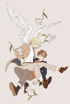 2boys absurdres aisaki_masato angel_wings anime_coloring belt belt_buckle black-framed_eyewear black_jacket black_socks blazer blonde_hair blue_jacket brown_belt brown_eyes brown_hair brown_jacket brown_pants brown_shoes buckle buttons carrying catching closed_eyes closed_mouth collared_jacket collared_shirt commentary_request crooked_eyewear denim denim_shorts dress_shoes falling feathered_wings flower full_body glasses grey_background grey_pants grin hand_on_another's_hand hand_on_another's_hip hand_on_own_hip happy highres hugtto!_precure jacket lily_(flower) long_sleeves looking_at_another male_focus medium_hair multiple_boys nervous_smile open_clothes open_jacket orange_socks orange_vest pants plaid_clothes plaid_jacket plaid_pants precure princess_carry shirt shoes shorts simple_background smile socks spread_wings sweatdrop sweater_vest swept_bangs takahoshi_(yunch327) turtleneck turtleneck_shirt two-sided_fabric two-sided_jacket vest wakamiya_henri white_flower white_wings wings yaoi