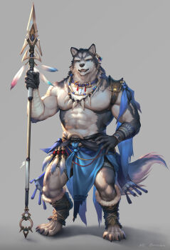 1boy abs absurdres animal_ears bara bare_pectorals blue_eyes commentary_request earrings fangs feathers full_body furry furry_male grey_background grey_fur hand_on_own_hip highres holding holding_polearm holding_weapon jewelry kazashino_miyabi large_pectorals loincloth looking_at_viewer male_focus muscular muscular_male navel necklace nipples original pectorals pelvic_curtain polearm short_hair smile solo spear stomach tail thick_thighs thighs tooth_necklace topless_male tribal weapon wolf_boy wolf_ears wolf_tail