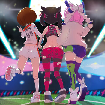 3girls ass_grab asymmetrical_legwear black_choker black_hair bob_cut brown_hair choker commentary_request from_behind fur_jacket gloria_(pokemon) grabbing_another&#039;s_arm grass gym_challenge_uniform hair_ribbon hand_under_clothes hand_up highres jacket klara_(pokemon) leggings marnie_(pokemon) microsd_(pibo) midriff mismatched_legwear multiple_girls nintendo pink_hair pokemon pokemon_swsh ribbon shirt shoes short_hair shorts sleeveless sleeveless_shirt socks stadium standing stealth_ass_grab thighhighs torn_clothes torn_legwear twintails v white_footwear white_jacket white_legwear white_shirt white_shorts yuri