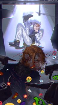 2boys anger_vein angry backdrop black_shirt black_shoes black_vest blood blood_in_hair blood_on_clothes blood_on_face blurry blurry_foreground cater_diamond chromatic_aberration clenched_teeth disembodied_hand dual_persona earrings emoji facial_mark finger_frame green_eyes highres injury jacket jewelry knee_up leg_up light_particles looking_at_viewer looking_back male_focus mau_sakura multiple_boys one_eye_closed open_mouth orange_hair pants people photo_shoot pointing pointing_at_another profile reflector_(photography) shade shadow shirt shoes short_hair sitting smile socks solo_focus sparkle striped_clothes striped_vest studio studio_lights teeth torn_clothes twisted_wonderland twitter_username vertical-striped_clothes vertical-striped_vest vest white_jacket white_pants yellow_socks