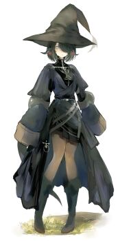 1girl absurdres au_ra black_boots black_hair black_hat black_robe boots commentary_request dragon_girl dragon_horns dragon_tail earrings final_fantasy final_fantasy_xiv food-themed_earrings food_themed_earrings greco-grey_eyes hachi0047 hair_over_one_eye hat highres horns jewelry looking_at_viewer pumpkin_earrings robe scales sleeves_past_fingers sleeves_past_wrists solo standing tail warrior_of_light_(ff14) witch_hat