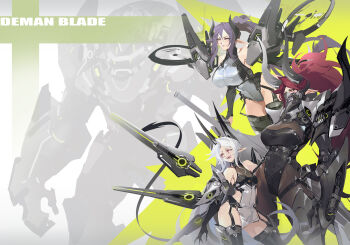 3girls bare_shoulders black_garter_straps black_leotard black_thighhighs bodystocking breasts cowboy_shot english_text garter_straps high_ponytail highres horns huge_breasts leotard multicolored_leotard multiple_girls original pink_eyes pointy_ears ponytail purple_hair red_eyes red_hair science_fiction small_breasts smjim1986 tail thighhighs two-tone_leotard typo white_leotard