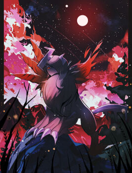 absol animal_focus asymmetrical_horns black_fur black_hair body_fur claws commentary_request fangs full_moon gen_3_pokemon grass hair_over_one_eye highres horns mega_absol_z mega_pokemon moon night nintendo no_humans one_eye_covered open_mouth pokemon pokemon_(creature) pokemon_focus red_wings reo_(mmocc123) rock sky solo star_(sky) uneven_horns wings