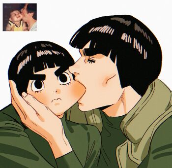 Rule 34 | 2boys, arm around shoulder, biting, biting cheek, black eyes, black hair, blunt bangs, blush, bodysuit, bowl cut, cheekbones, closed eyes, flak jacket, green bodysuit, green vest, hand on another's cheek, hand on another's face, highres, jacket, m0 mo momo, male focus, might guy, multiple boys, naruto (classic), naruto (series), reference inset, rock lee, short hair, thick eyebrows, upper body, vest, white background