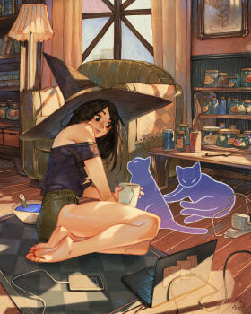 1girl absurdly_detailed_composition armchair barefoot black_eyes black_hair black_hat black_shirt cable cat cellphone chair computer cup floor_lamp ghost green_shorts hat highres indoors lamp laptop loaded_interior long_hair mug off_shoulder original phone shelf shirt short_shorts shorts simz sitting smartphone smile solo window witch_hat