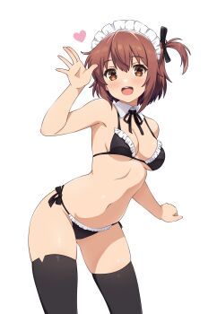 Rule 34 | 1girl, bikini, black bikini, black thighhighs, breasts, brown eyes, commentary request, etou kanami, frilled bikini, frills, highres, maid, maid bikini, maid headdress, medium breasts, one side up, open mouth, ototsu (nitta225), round teeth, short hair, side-tie bikini bottom, simple background, smile, solo, swimsuit, teeth, thighhighs, toji no miko, unconventional maid, upper teeth only, waving, white background