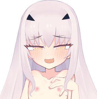 1girl blush breasts collarbone completely_nude fate/grand_order fate_(series) forked_eyebrows kunabishi long_hair looking_at_viewer melusine_(fate) nipples nude open_mouth sidelocks small_breasts smile solo white_hair yellow_eyes