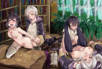 2boys 2girls ahegao ass black_coat black_hair black_legwear blush book bookshelf boots breasts clothed_sex coat female_robin_(fire_emblem) fire_emblem fire_emblem_awakening fire_emblem_heroes from_behind group_sex happy_sex hetero hip_focus holding_another's_arm incest legs legs_on_shoulders legs_up lying male_robin_(fire_emblem) map female_morgan_(fire_emblem) male_morgan_(fire_emblem) motion_lines multiple_boys multiple_girls navel nico-mo nintendo nipples on_back open_mouth purple_eyes pussy pussy_juice sex shirt short_hair smile table thighhighs tongue tongue_out twintails vaginal white_hair white_legwear white_shirt