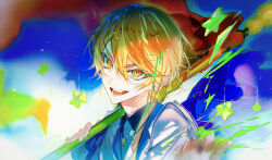 Rule 34 | 1boy, absurdres, blonde hair, commentary request, fang, flag, hair between eyes, highres, holding, holding flag, looking at viewer, male focus, matofu, open mouth, portrait, project sekai, shirt, short hair, smile, solo, teeth, tenma tsukasa, white shirt, wonderlands x showtime (project sekai), yellow eyes