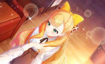Rule 34 | + +, 1girl, blonde hair, blush, bow, commentary request, diffraction spikes, game cg, glint, green eyes, hair bow, highres, indoors, kathrina griebel, lens flare, long hair, long sleeves, official art, shirt, skirt, solo, sparkle, sparkle background, sparkling eyes, third-party source, very long hair, white shirt, wooden floor, world dai star