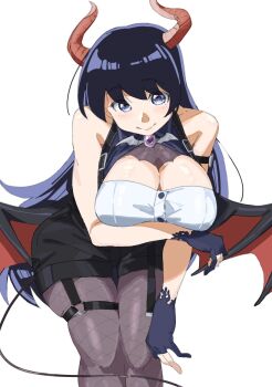 1girl arato_nagi black_hair blue_eyes breasts commentary_request demon_girl demon_horns demon_tail demon_wings fingerless_gloves fishnet_pantyhose fishnets gloves highres horns large_breasts leaning_forward long_hair looking_at_viewer pantyhose ruri_no_houseki sakai_animeta short_shorts shorts smile solo tail wings
