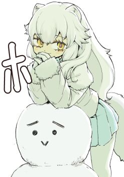 1girl animal_ears arctic_fox_(kemono_friends) blue_skirt capelet coat cowboy_shot fox_ears fox_girl fox_tail fur_trim gloves hair_between_eyes highres kemono_friends long_hair long_sleeves looking_at_viewer nenkou-san pantyhose pleated_skirt sidelocks skirt smile snowman solo tail white_capelet white_coat white_fur white_gloves white_hair white_pantyhose winter_clothes winter_coat yellow_eyes