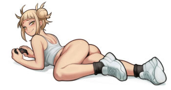 1girl ass back bare_shoulders black_panties black_socks blonde_hair blunt_bangs blush boku_no_hero_academia closed_mouth controller double_bun from_side full_body game_controller hair_bun highres holding holding_controller holding_game_controller lentiyay looking_at_viewer looking_back lying medium_hair messy_hair on_stomach panties shirt shoelaces shoes sidelocks simple_background sleeveless sleeveless_shirt smile sneakers socks solo tagme toga_himiko underwear white_background white_shirt white_shoes yellow_eyes