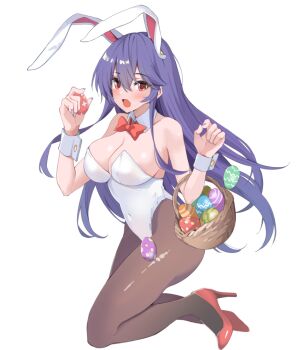 1girl alternate_costume animal_ears basket blush bow bowtie breasts brown_pantyhose cleavage covered_navel detached_collar easter easter_egg egg fake_animal_ears game_cg hakurei_frontier_spell_strive high_heels highleg highleg_leotard holding holding_egg kamukamu_(ars) large_breasts leotard long_hair looking_at_viewer official_art open_mouth pantyhose playboy_bunny purple_hair rabbit_ears rabbit_girl red_bow red_bowtie red_eyes red_shoes reisen_udongein_inaba shoes solo strapless strapless_leotard thighs third-party_source touhou traditional_bowtie transparent_background very_long_hair white_leotard wrist_cuffs