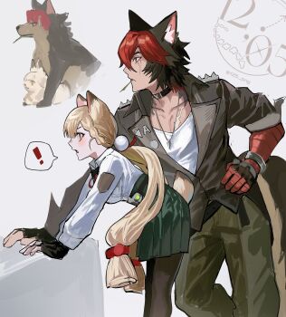 ! 1boy 1girl absurdres alice_thymefield animal_ear_fluff animal_ears animalization artist_logo belt black_gloves black_hair black_jacket black_pantyhose blonde_hair brown_tail cargo_pants chest_bow closed_mouth collar collarbone dog dog_boy dog_ears dog_tail fang feet_out_of_frame fingerless_gloves from_side gloves green_pants green_skirt grey_background hair_between_eyes hair_ornament hand_on_own_hip hashtag-only_commentary highres jacket jewelry komano_manato leaf_in_mouth leaning_on_object logo long_hair looking_ahead low_twintails multicolored_hair multiple_scars muscular muscular_male necklace nongxy_nonshi open_mouth pants pantyhose pectorals rabbit rabbit_ears rabbit_girl rabbit_tail red_bandage red_eyes red_hair scar scar_across_eye scar_on_chest scar_on_face shirt short_hair skirt sleeves_rolled_up sphere_hair_ornament spiked_jacket spoken_exclamation_mark tail twintails twitter_username white_shirt yellow_eyes zenless_zone_zero